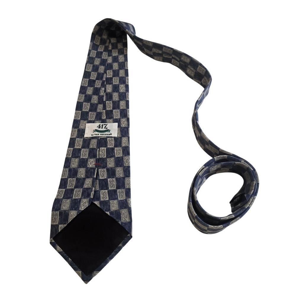 Van Heusen 417 Silk Necktie Blue Grey Checkerboard Business Formal - Picture 2 of 6